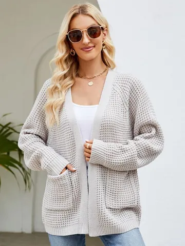 Women Acrylic Waffle Knit Cardigan Sweater Loose Long Sleeve Open Front Outerwear With Pockets Autumn Winter Vintage Solid Color Top