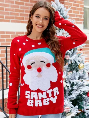 Women Christmas Santa Claus Knit Pullover Sweater Long Sleeve Red Letter Snowflake Print Casual Winter Holiday Top