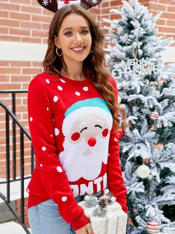 Women Christmas Santa Claus Knit Pullover Sweater Long Sleeve Red Letter Snowflake Print Casual Winter Holiday Top