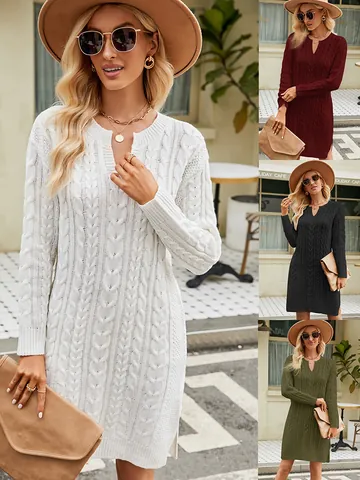 Women Cable Knit Midi Dress Pullover V-Neck Side Slit Loose Acrylic Sweater Dress Solid Color Autumn Winter Knitwear Top