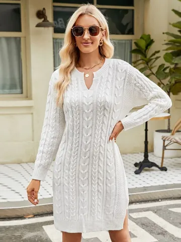 Women Cable Knit Midi Dress Pullover V-Neck Side Slit Loose Acrylic Sweater Dress Solid Color Autumn Winter Knitwear Top