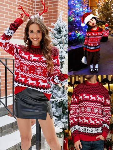 Christmas Reindeer Snowflake Knit Sweater For Family Matching Xmas Round Neck Pullover Warm Winter Casual Holiday Clothes
