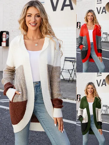 Γυναικεία Casual Πλεκτή Ζακέτα με Κουκούλα Color Block Μεσαίου Μήκους Πουλόβερ Patchwork Lazy Style Ανοιχτό Μπροστινό Top