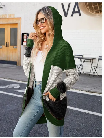 Γυναικεία Casual Πλεκτή Ζακέτα με Κουκούλα Color Block Μεσαίου Μήκους Πουλόβερ Patchwork Lazy Style Ανοιχτό Μπροστινό Top