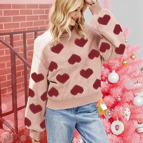 Women Heart Jacquard Knit Sweater Sweet Puff Sleeve Loose Pullover Round Neck Valentine Day Christmas Fashion Jumper Top