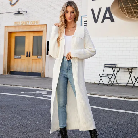Women's Oversized Knit Cardigan Long Lapel Acrylic Slouchy Sweater Open Front Patchwork Jacket For Autumn Winter