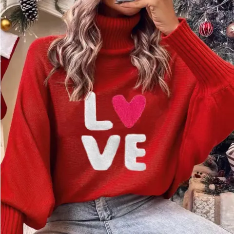 Maglione Dolcevita da Donna Manica a Pipistrello Top in Maglia Oversize Poliestere Ricamato LOVE Cuore San Valentino