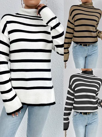 Maglione in Maglia a Collo Alto a Righe da Donna Taglio Aderente Pullover a Maniche Lunghe Top Basic per Moda Autunno Inverno