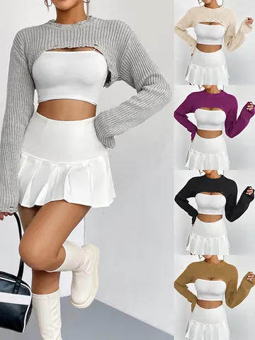 Women's Sexy Distressed Ribbed Knit Bolero Shrug Long Sleeve Solid Color Pullover Cropped Sweater Top Streetwear