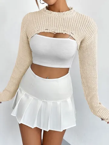 Women's Sexy Distressed Ribbed Knit Bolero Shrug Long Sleeve Solid Color Pullover Cropped Sweater Top Streetwear