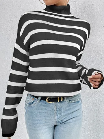 Maglione in Maglia a Collo Alto a Righe da Donna Taglio Aderente Pullover a Maniche Lunghe Top Basic per Moda Autunno Inverno