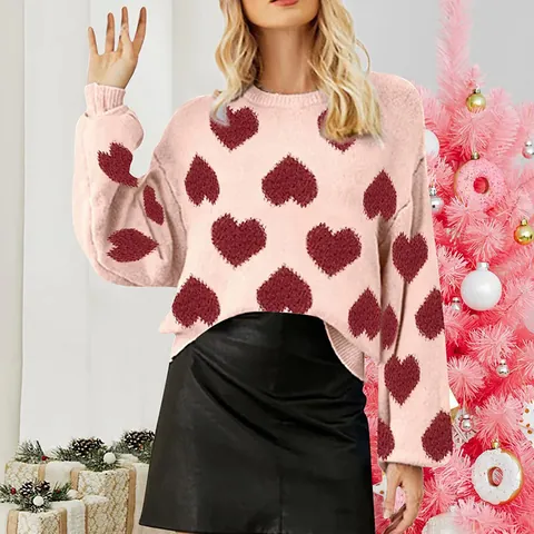 Women Heart Jacquard Knit Sweater Sweet Puff Sleeve Loose Pullover Round Neck Valentine Day Christmas Fashion Jumper Top