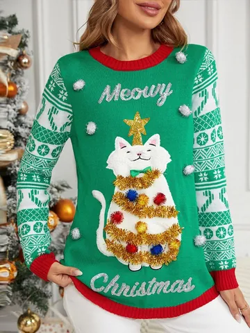 Dames Kerst Pullover Trui Leuke Cartoon Kat Jacquard Lovertjes Borduurwerk Breigoed Lange Mouw Warm Acryl Top Rood Groen