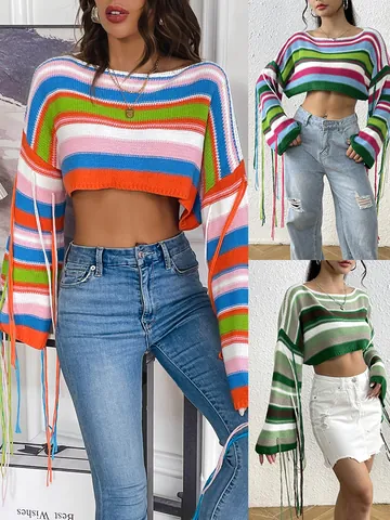 Women Sexy Rainbow Striped Cropped Sweater Loose Knit Pullover With Tassels Flare Sleeve Round Neck Streetwear Knitwear Top