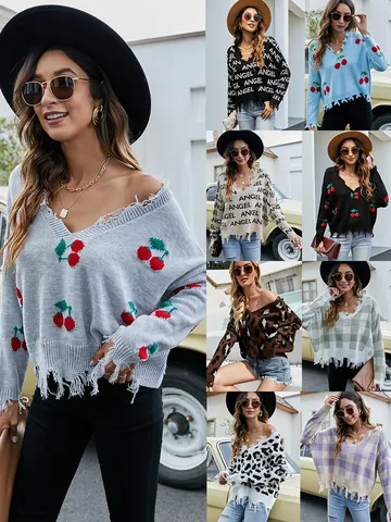 Women's V-Neck Distressed Fringe Sweater Acrylic Loose Fit Leopard Cherry Plaid Print Knitted Pullover Autumn Winter Casual Top
