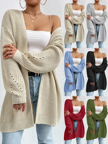 Women Loose Mid-Length Knit Cardigan Open Front Solid Color Sweater Coat Autumn Winter Long Sleeve Casual Knitwear Top