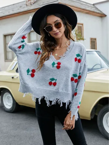 Women's V-Neck Distressed Fringe Sweater Acrylic Loose Fit Leopard Cherry Plaid Print Knitted Pullover Autumn Winter Casual Top