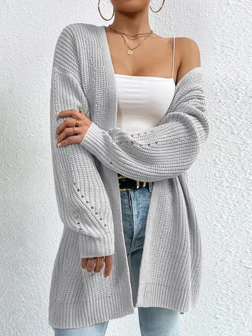 Women Loose Mid-Length Knit Cardigan Open Front Solid Color Sweater Coat Autumn Winter Long Sleeve Casual Knitwear Top