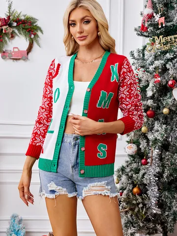 Women Christmas Knitted Cardigan Sweater Red V-Neck Jacquard Letter Snowflake Print Single Breasted Casual Warm Top