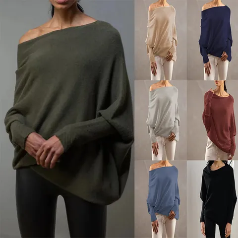 Women Viscose Polyester Nylon Solid Color Boat Neck Batwing Sleeve Pullover Sweater Loose Long Sleeve Knit Top