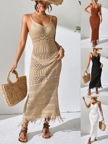 Women Sexy Hollow Out Crochet Maxi Dress Polyester Sleeveless V Neck Tassel Fringe Beach Dress Slim Fit Knitted Cami Long Dress