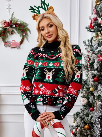 Damen Hochgeschlossen Weihnachten Pullover Langarm Schneemann Rentier Jacquard Acryl Strick Top Festliche Winterkleidung