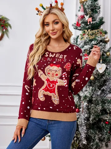 Dames Kerstmis Peperkoekman Trui Casual Wijnrood Gebreide Pullover Lange Mouw Ronde Hals Xmas Feest Gebreide Kleding