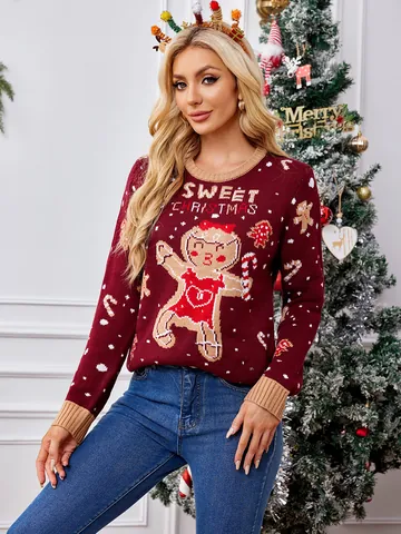 Dames Kerstmis Peperkoekman Trui Casual Wijnrood Gebreide Pullover Lange Mouw Ronde Hals Xmas Feest Gebreide Kleding