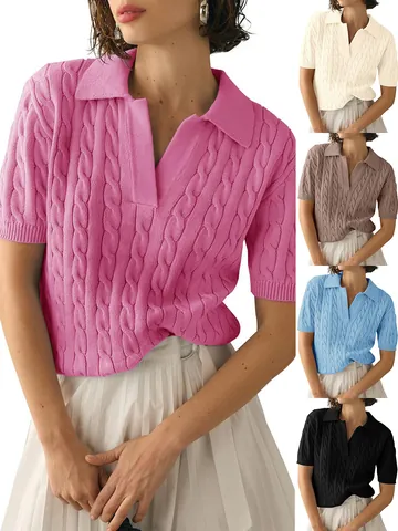 Women Polo Collar Short Sleeve Cable Knit Sweater Elegant V Neck Slim Fit Solid Color Core Spun Yarn Knit Top Pullover