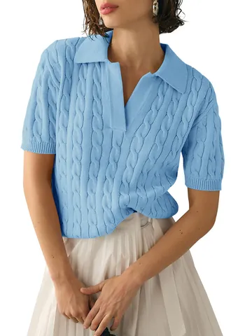 Women Polo Collar Short Sleeve Cable Knit Sweater Elegant V Neck Slim Fit Solid Color Core Spun Yarn Knit Top Pullover