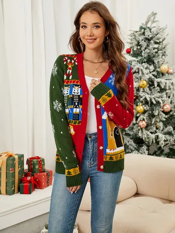 Women Christmas Nutcracker Jacquard Knit Cardigan Vintage V Neck Long Sleeve Button Down Color Block Holiday Sweater Top