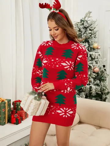 Dames Kerst Lange Mouwen Trui-jurk Jacquard Kerstboom Sneeuwvlok Patroon Rood Gebreide Midi-jurk Winter Feestoutfits