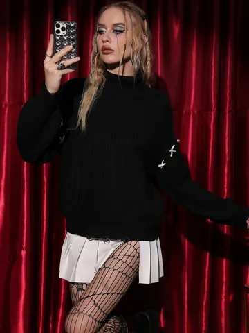 Women Gothic Halloween Dark Style Oversized Pullover Sweater Distressed Hem Lace Up Long Sleeve Turtleneck Knitted Top Black