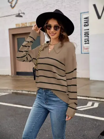 Women Casual Stripe Knit Sweater POLO Collar Long Sleeve Pullover Autumn Winter Loose Oversized Knitted Jumper Top
