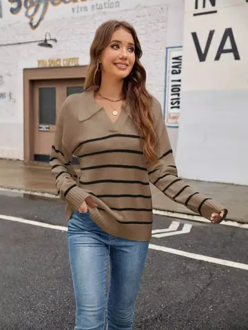 Women Casual Stripe Knit Sweater POLO Collar Long Sleeve Pullover Autumn Winter Loose Oversized Knitted Jumper Top