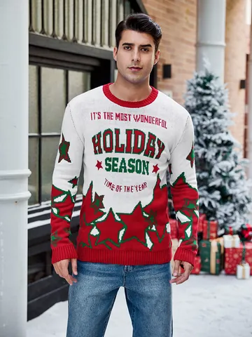 Men Christmas Knitted Sweater Long Sleeve Crew Neck Jacquard Pullover Acrylic Winter Holiday Casual Top With Alpaca Pattern