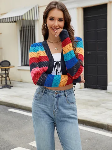 Women's Multicolor Striped Acrylic Knit Cardigan Hollow Out Tie Front Cropped Bolero Shrug Long Sleeve Casual Sweater Top