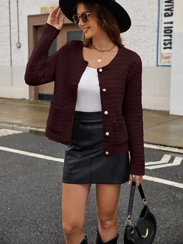 Dames Vintage Gebreid Vest Ronde Hals Lange Mouw Parelknoop Kort Trui Jas Effen Kleur Woon-werkverkeer Top