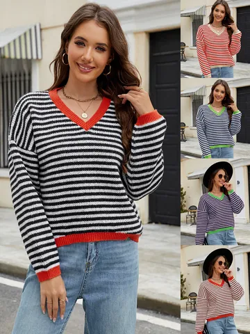 Women's Casual Striped Pullover Sweater Contrast Color Trim V-Neck Long Sleeve Knitted Jumper Fashion Autumn Winter Top