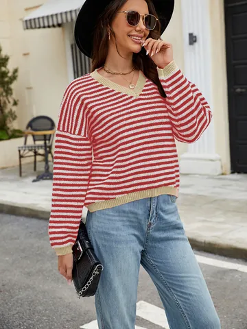 Women's Casual Striped Pullover Sweater Contrast Color Trim V-Neck Long Sleeve Knitted Jumper Fashion Autumn Winter Top