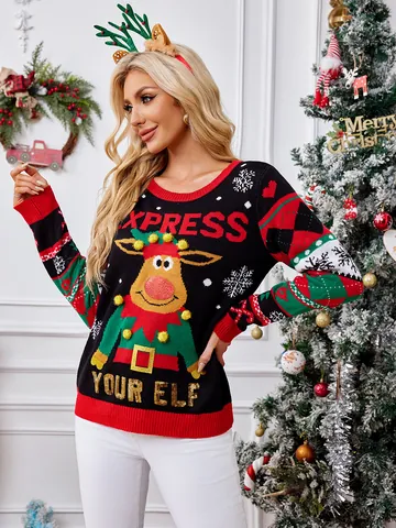 Dames Kerst Eland 3D Pompon Paillettenborduurwerk Ronde Hals Gebreide Trui Acryl Lange Mouw Feestelijke Pullover Top