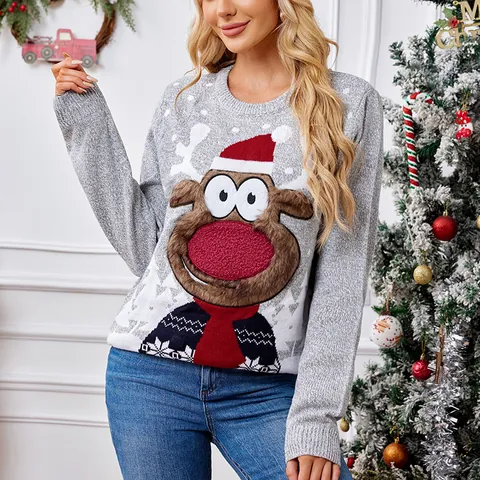 Casual Loose Grey Knit Christmas Reindeer Sweater For Family Adult Child Pullover With LED Lights Festive Autumn Winter Top