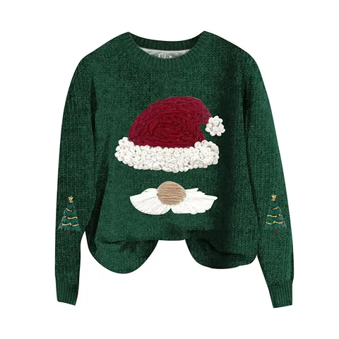 Women Christmas Sweater Loose Fit Round Neck Pullover Long Sleeve Top Embroidered Santa Hat Christmas Tree Patterns Festive Knitwear
