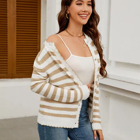 Cárdigan de Punto Rayado Casual para Mujer Suéter Cuello Redondo Con Botones Top Manga Larga Moda Otoño Invierno