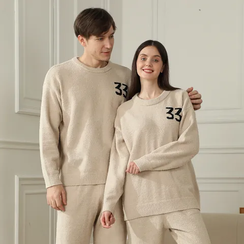 Conjunto de Pijama de Vellón para Pareja Hombre Mujer Otoño Invierno Engrosado Jersey Top And Bottom Loungewear Poliéster Homewear Casual Ropa de Dormir