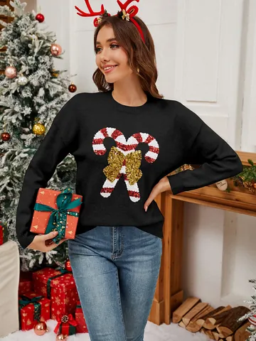 Women Christmas Sweater Sequin Candy Cane Bow Embroidery Knit Long Sleeve Crewneck Casual Festive Top Holiday Pullover