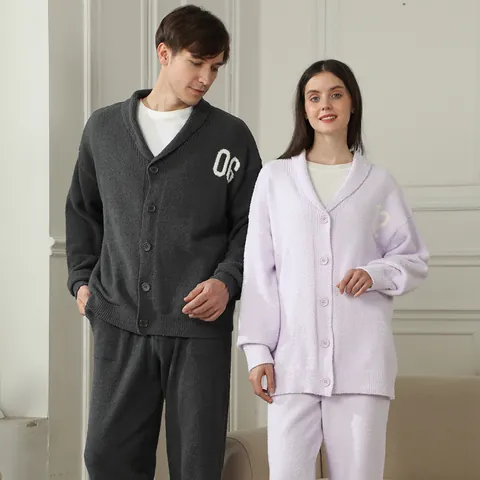 Couples V-Neck Loungewear Set Thick Polyester Button Down Cardigan Top And Bottom Home Wear Pajamas For Autumn Winter