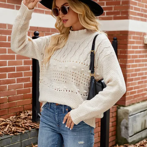 Women Casual Cable Knit Pullover Sweater Solid Color Long Sleeve Hollow Out Crochet Jumper Autumn Winter Fashion Top