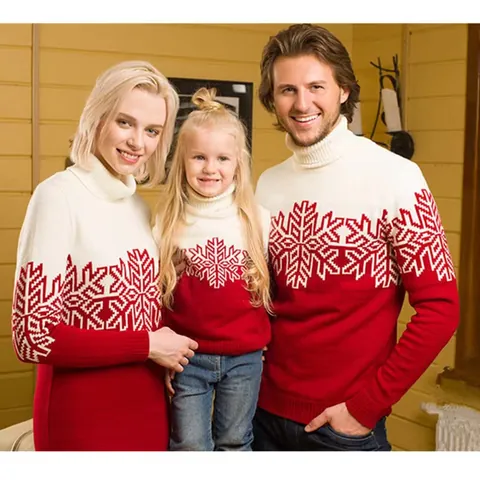 Maglione Jacquard Natale Fiocco Di Neve Per Donna Uomo Bambini Coordinato Genitori-Figli Rosso Bianco Patchwork Dolcevita Manica Lunga