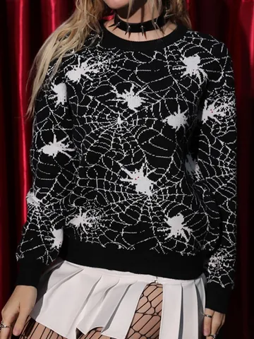 Halloween Spinnennetz Jacquard Strickpullover Für Damen Gotik Locker Langarm Rundhalsausschnitt Schwarz Acryl Pullover Top